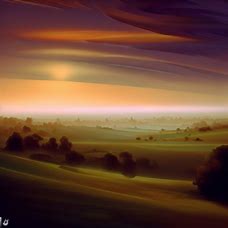 Create a surreal landscape showing the countryside at dawn or sunset.