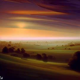 Create a surreal landscape showing the countryside at dawn or sunset.. Image 1 of 4