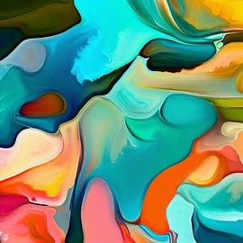 Create an abstract representation of the island of Curacao using a mix of vibrant colors and organic shapes.. Image 2 of 4