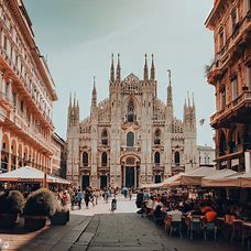 Picture Milan's iconic Cathedral and Piazza del Duomo, surrounded by bustling streets and vintage cafes and shops.
