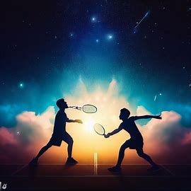 Create an image of two badminton players competing in a game under the stars.. Image 4 of 4