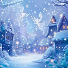 Illustrate a magical world where snowflakes are transformed into fairies, with snow-covered buildings and streets.
