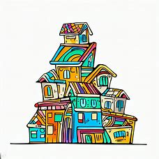Draw a series of unique and colorful houses stacked on top of each other