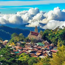 A picturesque view of a mountain village built in the traditional Igorot style, surrounded by lush forests and cotton clouds floating in the sky, with the iconic Baguio Cathedral in the forefront.