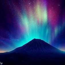 Render an image of Mount Fuji at night with a vibrant night sky, filled with stars and northern lights.