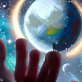 Paint a dream-like scene where a tiny earth is being held by a giant hand, surrounded by stars and galaxies. Image 3 of 4