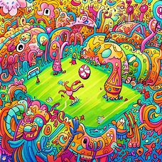 Draw a whimsical scene of a football game, with colorful and quirky characters playing on a vibrant, fantastical field.