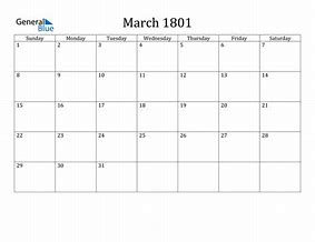 Image result for March 1801 Calendar