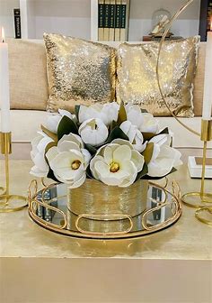 Magnolia Centerpiece in Cylinder Gold Vase in 2022 | Gold living room decor, Dinning room table decor, Gold home decor
