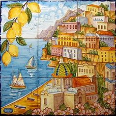 Positano with Flowers and Lemons - Ceramic Tile Set - Il Ninfeo: Amalfi Coast Artistic Ceramics | Handmade Italian Pottery