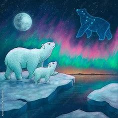 Polar bears look at the sky. The constellation Ursa Major and the Northern Lights in the sky. Moon is shining. Oil rig in the ocean. Stock Illustration | Adobe Stock