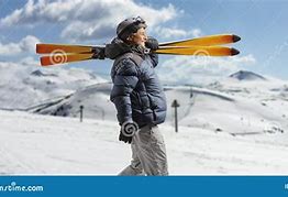Image result for Man Standing On Mountain Painting with Skiis Orange Jacket with Backpack