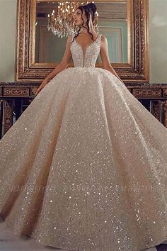 BMbridal V-Neck Sleeveless Ball Gown Wedding Dress With Sequins | Baljurken, Jurk bruiloft, Koninklijke jurken