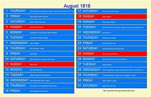 Image result for Calendar August 1816