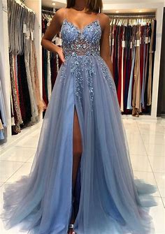 A-line V Neck Spaghetti Straps Sweep Train Tulle Prom Dress With Beading Sequins Split - Prom Dresses - Stacees