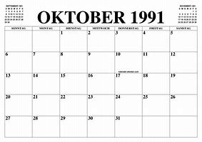 Image result for October 1991 Calendar Vector