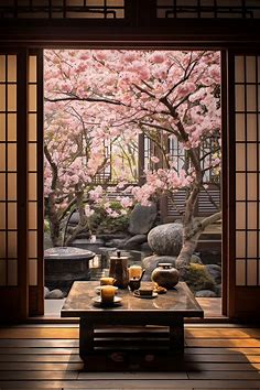 Traditional Machiya Room with a View of the Cherry Blossom Landscape