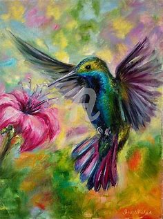 Flying Hummingbird With Flower, Painting by Anastasia Akunina | Artmajeur
