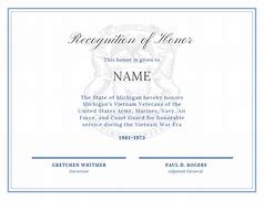 Image result for Michigan Vietnam Veteran Recognition Certificate Form