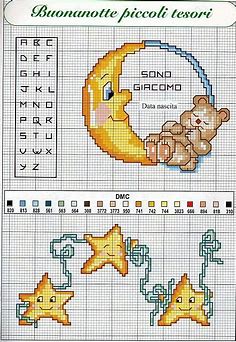 Luna e stelle schemi punto croce per bambini nascita (2) | Alphabet sticken, Kreuzstichränder, Kreuzstichbuchstaben
