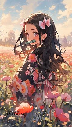 Nezuko Kamado in a Serene Flower Field, 2023 | Şirin çizim, Çizimler, Çizim