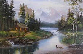Image result for Log Cabin by Lake Painting