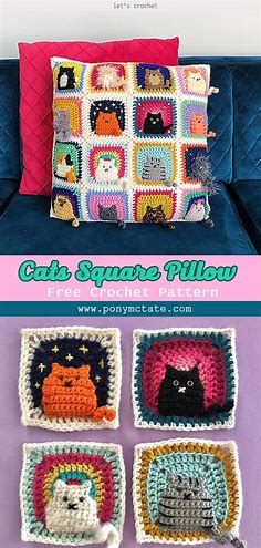 Many Cats Square Pillow Free Crochet Pattern | Crochet square patterns ...