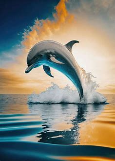 'Dolphin Jumps at Sunset' Poster, picture, metal print, paint by Michael Mattler | Displate