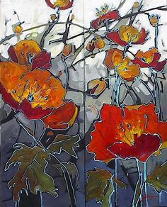 'Poppy Glow diptych' 40" x 32" Acrylic on canvas by Artist Gail Johnson | Abstract floral art, Flower painting, Floral painting