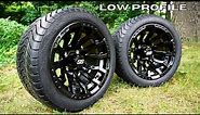 12" Maverick Gloss Black Golf Cart Wheels and 215/40-12 Low Profile Tires Combo