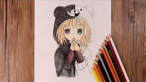 Cute Anime Girl with Animal Hoodie Drawing | Easy Colored Pencils Drawing