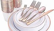 WDF 25Guest Disposable Rose Gold Plastic Dinnerware Set - Rose Gold Plates 25 Dinner Plates 25 Salad Plates 50 Forks 25 Knives 25 Spoons 25 Cups 25 Mini Forks for Wedding, Party