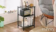 YMYNY 3-Tier End Table, Small Side Table, Record Player Stand, Nightstand with Storage Basket, Steel Frame, for Living Room, Bedroom, Office, Small Spaces, Black, 24.4 * 15.7 * 11.4 ", UHST002B