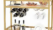 Furmax Bar Cart Gold Home Industrial Mobile Bar Cart Serving Wine Cart on Wheels with Wine Rack and Glass Holder 2 Storage Shelves, Beverage Cocktail Cart for The Home Kitchen Dining Party