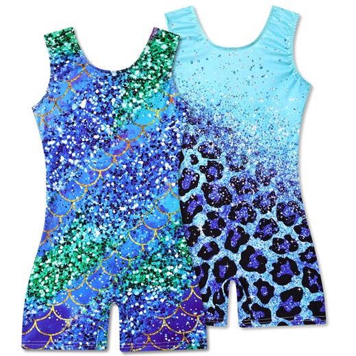 Aideaone 2 Pack Gymnastics Leotards for Girls Sparkly Toddler Biketards with Shorts Kids Unitard Dance Sportswear 3-10T