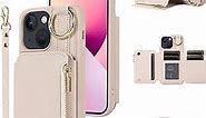 Wallet Case for iPhone 14 6.1 Leather Clasp Flip Zipper Purse Case with Shoulder Strap Credit Card Holder Cell Accessories Phone Cover for iPhone14 5G i i-Phone i14 iPhone14case Women Beige