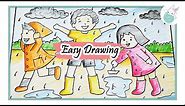 How to draw friends enjoying Rainy season easy scenery step by step drawing tutorial for beginners