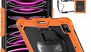 iPad Pro 12.9 Case 2022/2021/2020,iPad Pro 12.9 6th/5th/4th Generation Case with Pencil Holder Charger,360ｰRotating Stand,Screen Protector,Hand/Shoulder Strap,Heavy Duty Shockproof Orange