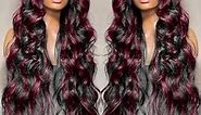 200 Density Skunk Stripe Wig Dark Burgundy With Rose Red Highlights Body Wave Lace Front Wig Human Hair 13X6 HD Transparent Lace Front Wig Human Hair Colored Body Wave Wigs Pre Plucked Wigs For Women