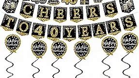 40th birthday decorations for men - (21pack) cheers to 40 years black gold glitter banner for women, 6 paper Poms, 6 Hanging Swirl, 7 decorations stickers. 40 Years Old Party Supplies gifts for men