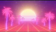 Pink Synthwave Palm Tree Path and Retro 80s Sun on Neon Grid 4K VJ Loop Motion Background