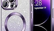 Hython for iPhone 14 Pro Case Clear Magnetic Glitter Phone Cases [Compatible with MagSafe] Full Camera Lens Protector Slim Gradient Sparkle Luxury Plating Shockproof Protective Cover Women, Purple
