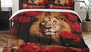 WeCozy Comforter Set Full Size with 2 Pillowcases, Wild Lion Animal King Bedding Set for Kids and Adults, Red Rose Lover Soft Comforter Set for Bedroom Bed Decor