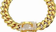 iDofas Gold Chain Dog Collar 14mm Cuban Link Dog Collar with Bling CZ Diamonds Buckle 18K Gold Plated Metal Dog Chain Collars for Dogs for Puppy Small Medium Large Dogs Includes Dog tag & Bell.(12")