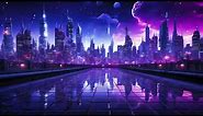 Synthwave animated video, synth moving picture, digital dreamscape, neon city animated video