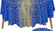 3 Pcs Round Gold Polka Dots Tablecloth 84 Inch Disposable Plastic Table Cover Waterproof Confetti Table Cloth for Wedding Birthday Graduation New Year Party Decor (Blue and Gold)