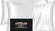 Silk Pillow Cases 2 Pack, Mulberry Silk Pillowcases Standard Set of 2, Health, Smooth, Anti Acne, Beauty Sleep, Both Sides Natural Silk Satin Pillow Cases for Women 2 Pack with Zipper for Gift,White