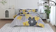 Holawakaka Floral Comforter Set Queen 6 PCS Bed in a Bag Yellow Flowers Printed on Grey - Ultra Soft Microfiber Botanical Bedding Sets Lightweight Boho Bed Comforter Set for All Season