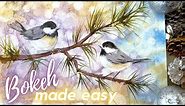 Bokeh Made Easy to Create Stunning Watercolor Backgrounds - Christmas Chickadee Birds on a Pine Tree