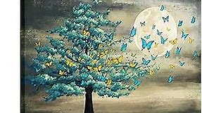 Vintage Wall Art Canvas Teal and Yellow Butterfly on Full Moon Landscape Background Tree of Life Paintings Art Prints Creative Framed Artwork for Home Bedroom Dining Room Ready to Hang 24x36inch